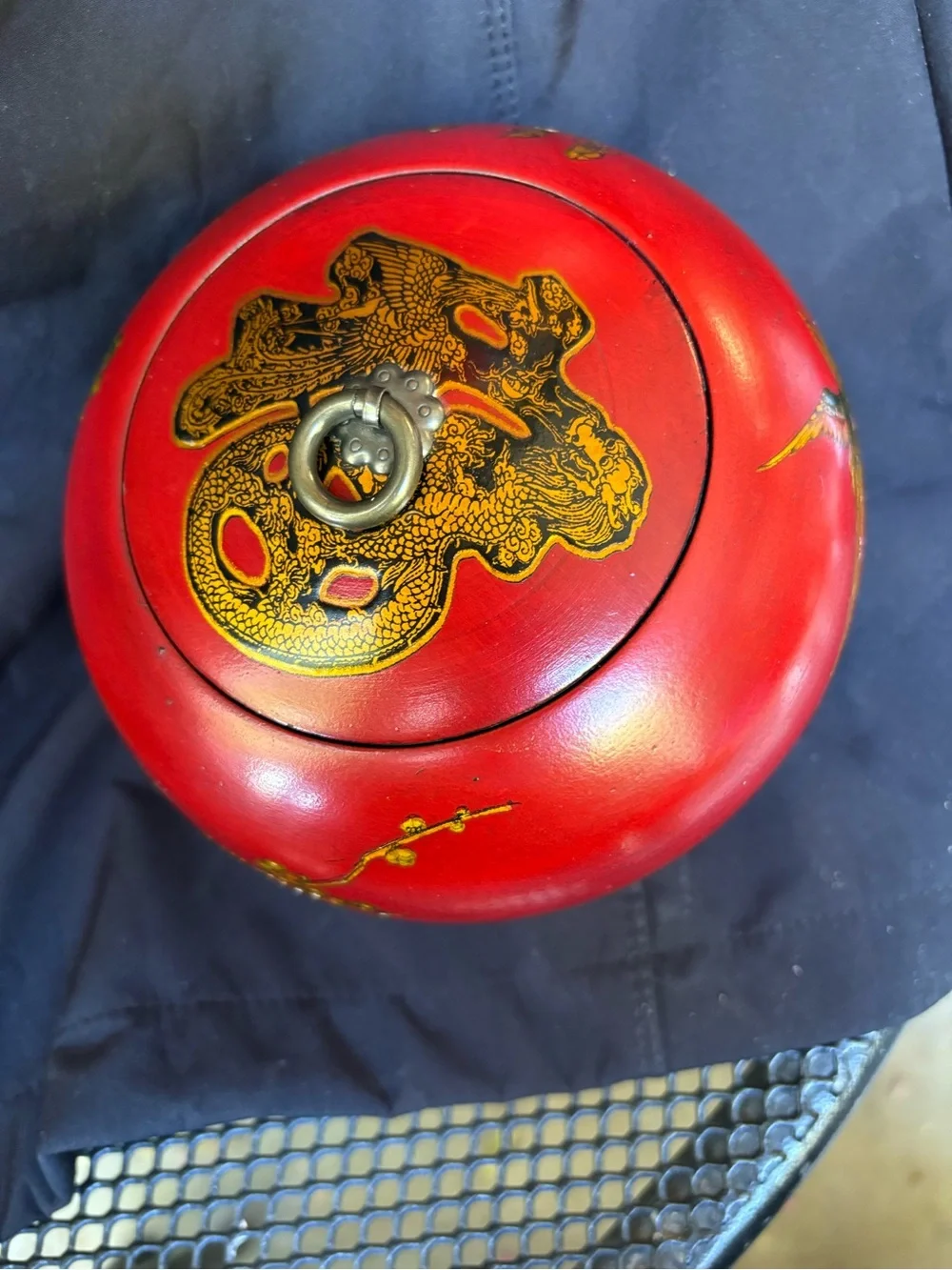 vintage Chinese red lacquered and hand-painted round wooden container